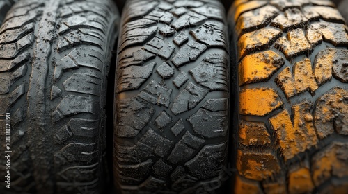 Close-up of three mud-covered tires.