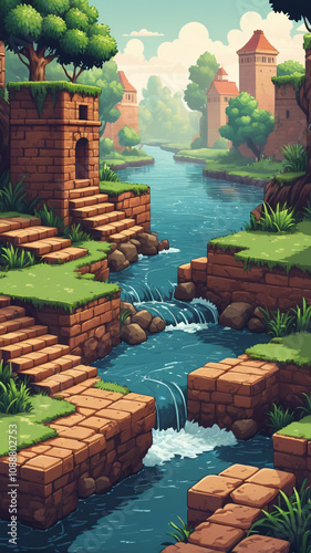Pixel game level design. Platform game asset, fantasy 8 bit environment. Building with stone steps