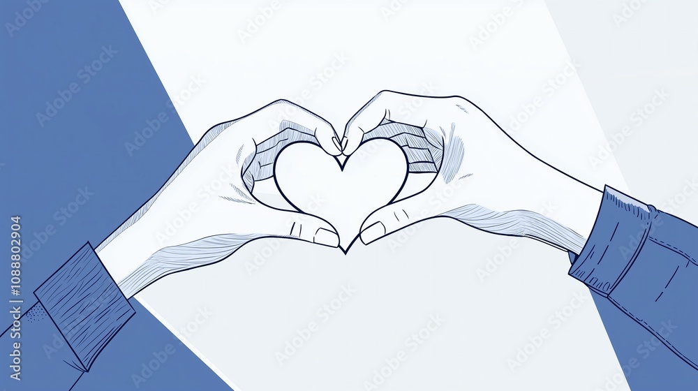 Obraz premium Illustrated hands forming a heart shape, symbolizing love and unity against a blue abstract background.