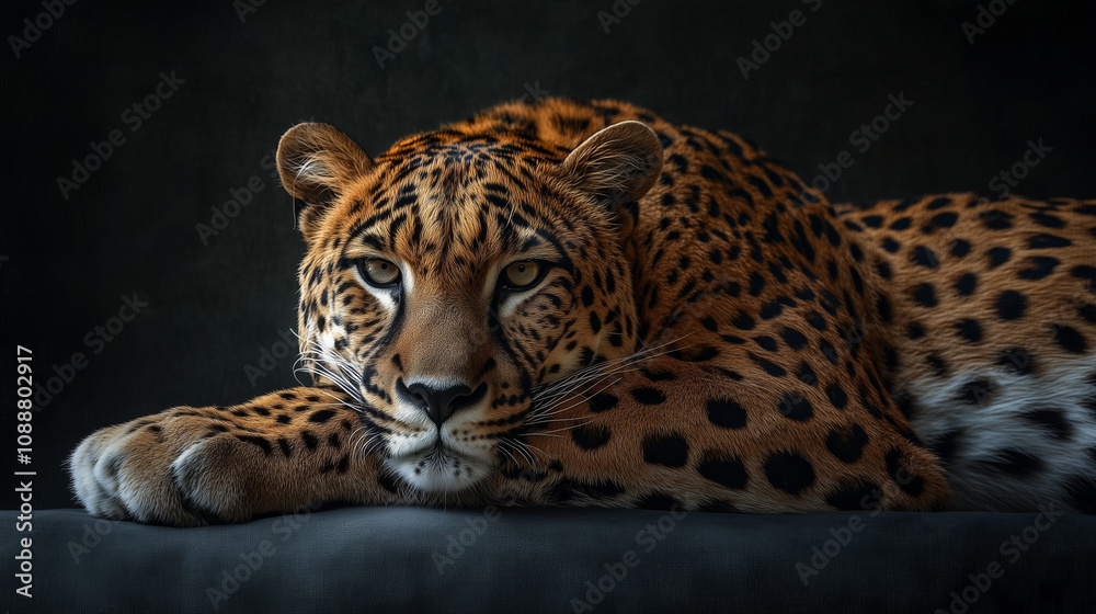 Fototapeta premium Leopard lying with piercing gaze on dark background