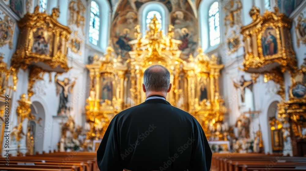 A man in a black robe stands in front of a gold-covered church A man in a black robe stands in front of a gold-covered church