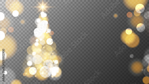 Christmas tree and bright blurred bokeh lights. Vibrant defocused glowing lights effect. Transparent background. Overlay template. Vector illustration.