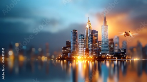 Breathtaking illuminated cityscape skyline with towering modern skyscrapers and office buildings reflected in the calm river waters at night