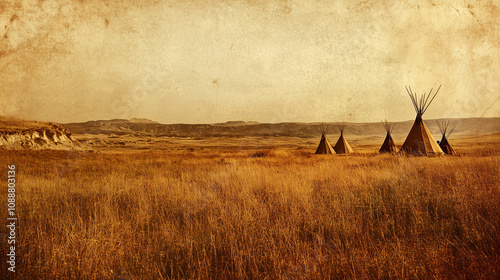 Vintage teepee settlement on a golden prairie