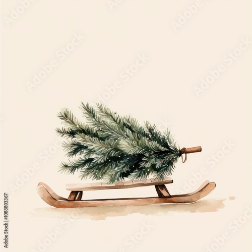 A chrismas tree lying n a wooden sled illustration watercolor christmas.