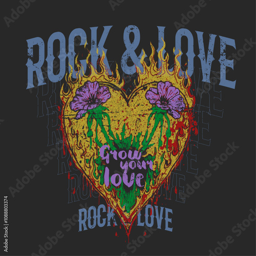 vintage Rock and roll vibes print design. heart is love shape with flowers print, Rock and roll vector t-shirt design. Fire with rose artwork. Music world tour artwork. Wild and free.