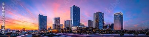 A vibrant cityscape of Nevada at dusk, showcasing the iconic landmark with high-rise buildings . The sky is painted with hues of blue and purple as the sun sets behind them, casting long shadows