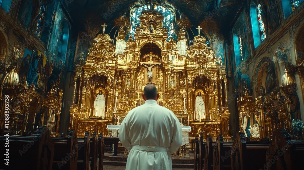 A man in a white robe stands in front of a gold church A man in a white robe stands in front of a gold church