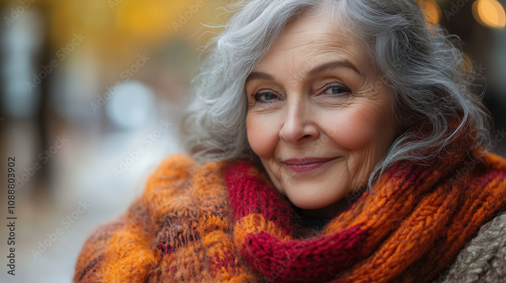 Elderly woman smiling warmly while wrapped in a colorful scarf during a chilly autumn day. Generative AI Elderly woman smiling warmly while wrapped in a colorful scarf during a chilly autumn day. Generative AI