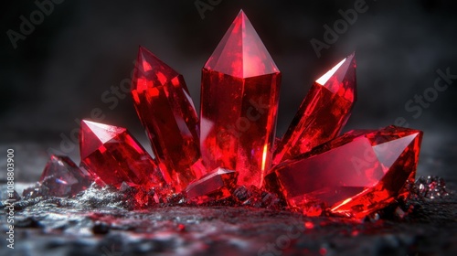 3D rendering of ruby red crystal prisms against a charcoal background, emphasizing light play and clarity photo