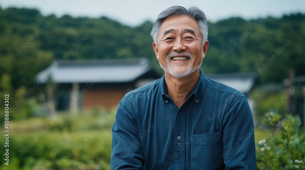 Smiling Senior Man in Blue Shirt Sitting Outdoors with Lush Green Background Surrounded by Nature and Traditional Japanese Houses in Rural Landscape Smiling Senior Man in Blue Shirt Sitting Outdoors with Lush Green Background Surrounded by Nature and Traditional Japanese Houses in Rural Landscape