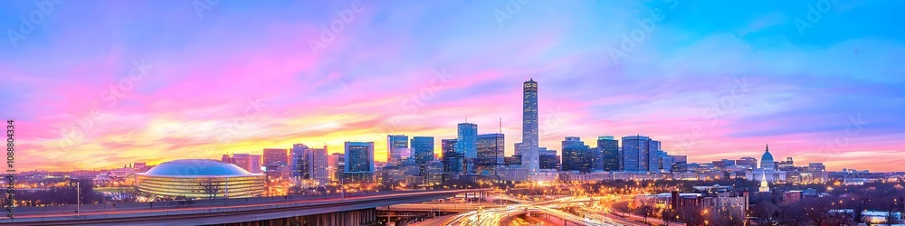 Fototapeta premium A vibrant cityscape of Washington at dusk, showcasing the iconic landmark with high-rise buildings . The sky is painted with hues of blue and purple as the sun sets behind them, casting long shadows