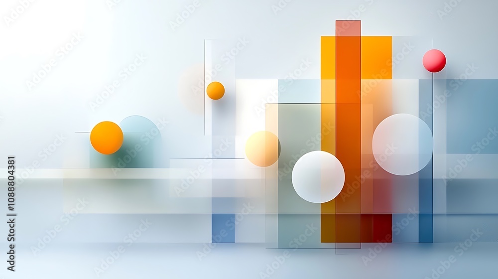 Vibrant abstract composition with various geometric shapes like cubes rectangles triangles and spheres in bold colors like orange red yellow and blue arranged in a modern Vibrant abstract composition with various geometric shapes like cubes rectangles triangles and spheres in bold colors like orange red yellow and blue arranged in a modern