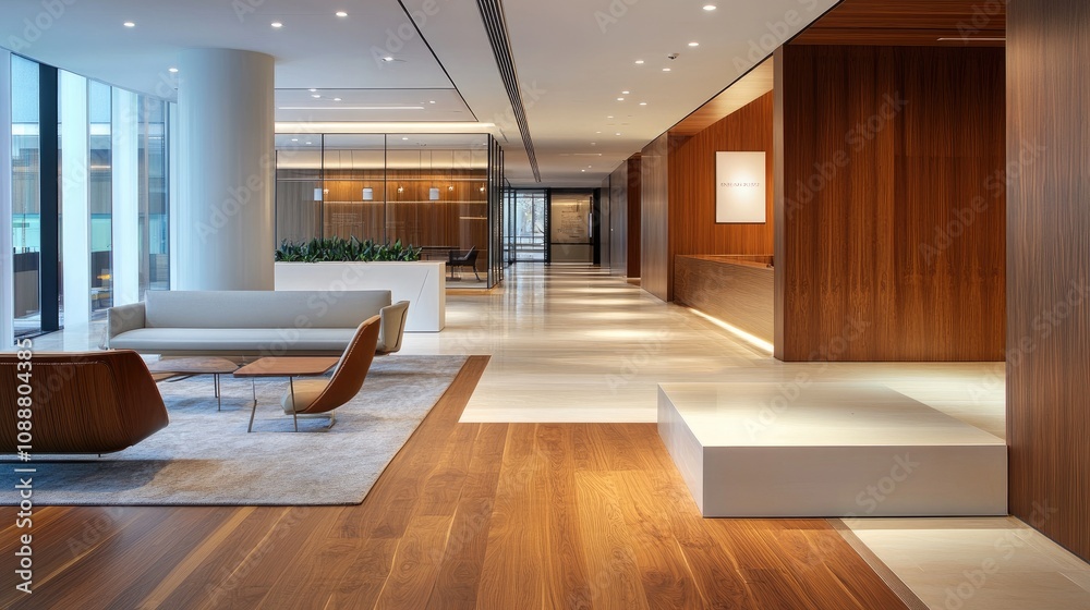 Modern office lobby with wood flooring, sleek furniture, and a reception area. Modern office lobby with wood flooring, sleek furniture, and a reception area.