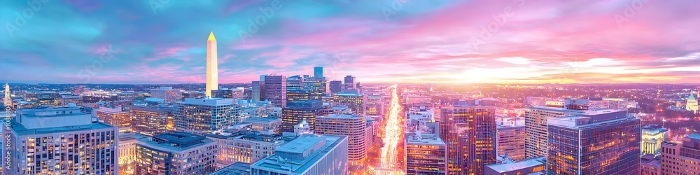 Obraz premium A vibrant cityscape of Washington at dusk, showcasing the iconic landmark with high-rise buildings . The sky is painted with hues of blue and purple as the sun sets behind them, casting long shadows