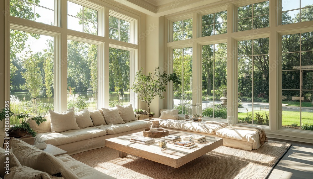 Fototapeta premium Spacious and Bright Living Room with Large Windows Overlooking Lush Greenery and Serene Outdoor Landscape in Modern Interior Design Style