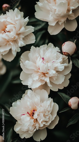 White peonies with delicate petals on background photo