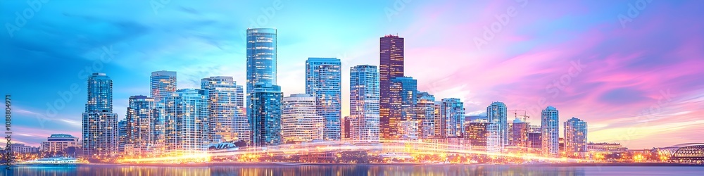 A vibrant cityscape of Washington at dusk, showcasing the iconic landmark with high-rise buildings . The sky is painted with hues of blue and purple as the sun sets behind them, casting long shadows A vibrant cityscape of Washington at dusk, showcasing the iconic landmark with high-rise buildings . The sky is painted with hues of blue and purple as the sun sets behind them, casting long shadows
