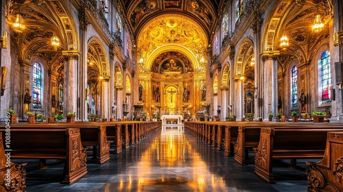 A large church with many pews and stained glass windows