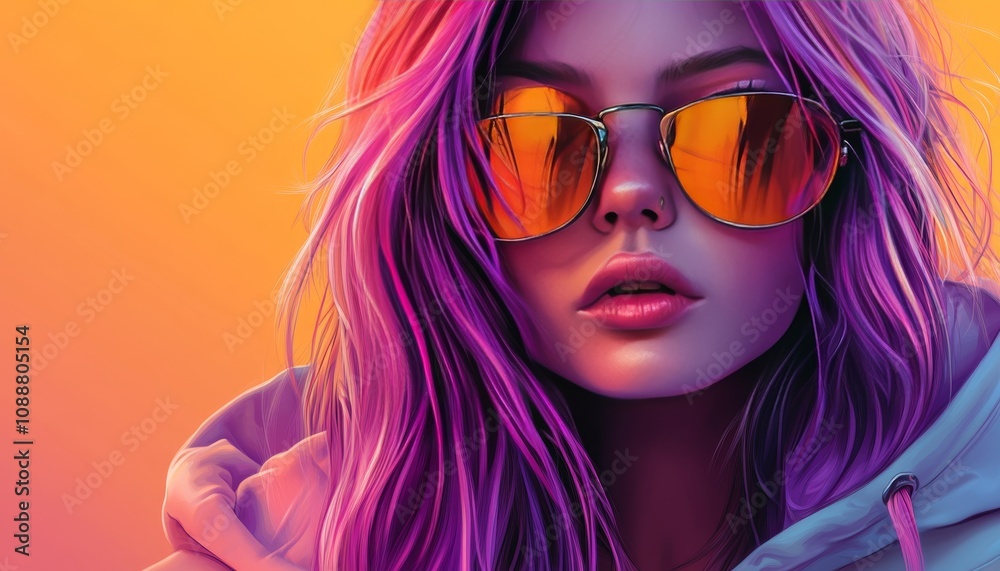 Stunning portrait of a girl with purple hair in sunglasses and hoodie against a gradient background Stunning portrait of a girl with purple hair in sunglasses and hoodie against a gradient background