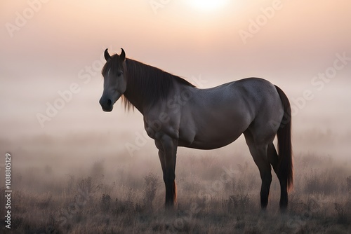 Wild horse standing on a foggy morning, AI Generated