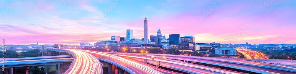 Fototapeta premium A vibrant cityscape of Washington at dusk, showcasing the iconic landmark with high-rise buildings . The sky is painted with hues of blue and purple as the sun sets behind them, casting long shadows