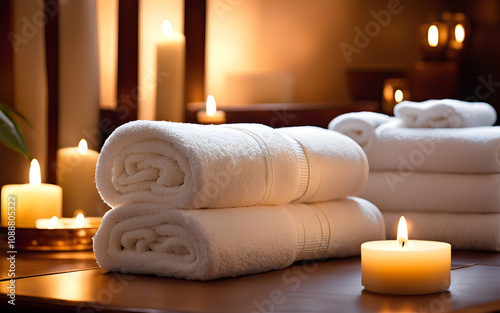 Ultimate spa relaxation towels and candles on a luxury resort table photo