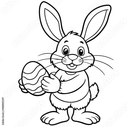 Bunny Holding Egg line art vector illustration on white background.