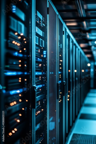 Obraz na płótnie Expansive server room featuring black and blue mainframe computers for cloud computing services w salonie