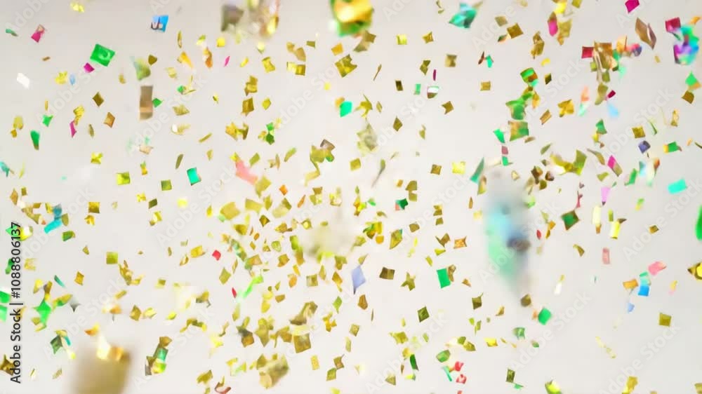 Colorful confetti falling against light background creates shiny, festive atmosphere perfect for celebrations, parties, and joyful events with sparkling decorations. Colorful confetti falling against light background creates shiny, festive atmosphere perfect for celebrations, parties, and joyful events with sparkling decorations.