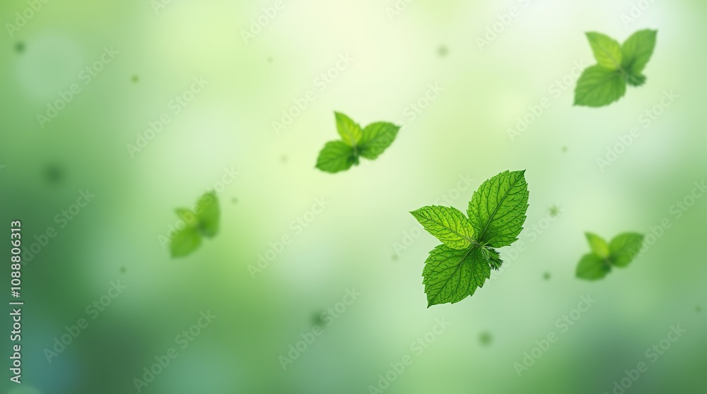Mint leaves flying on a green background