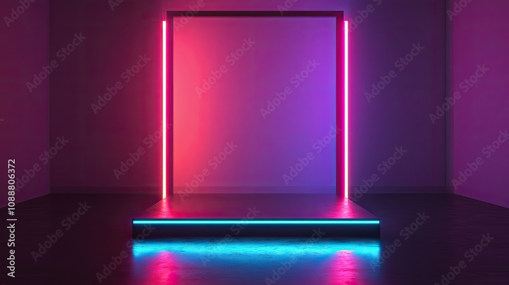 Neon lights illuminate empty product display stand. Neon lights illuminate empty product display stand.