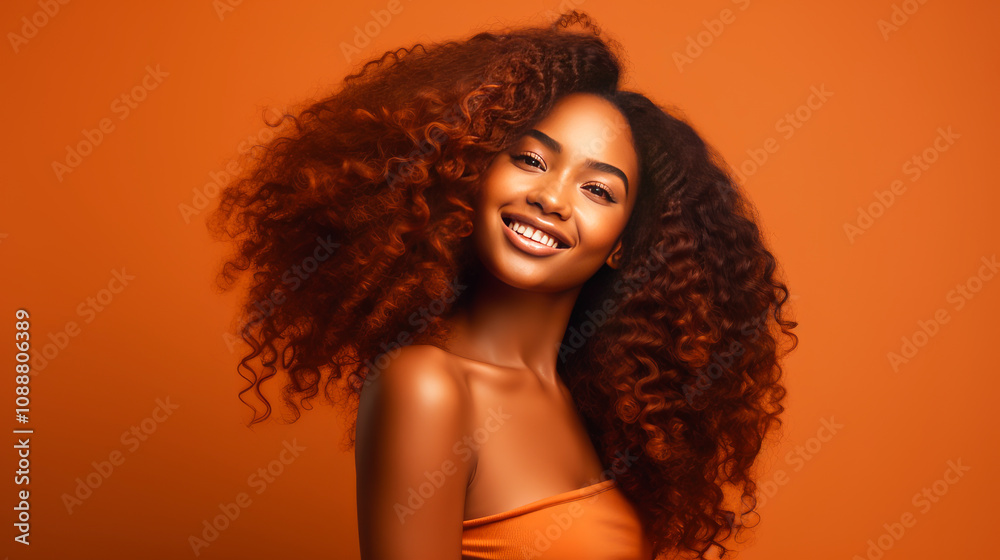 Portrait of smiling African American girl with long red hair on orange background banner. Portrait of smiling African American girl with long red hair on orange background banner.