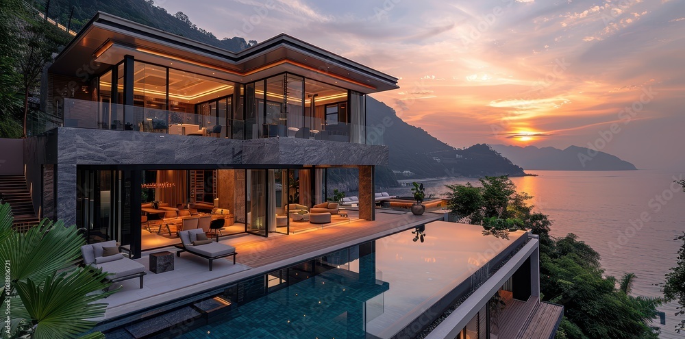 Fototapeta premium Modern Luxury House with Swimming Pool and Sunset Ocean View