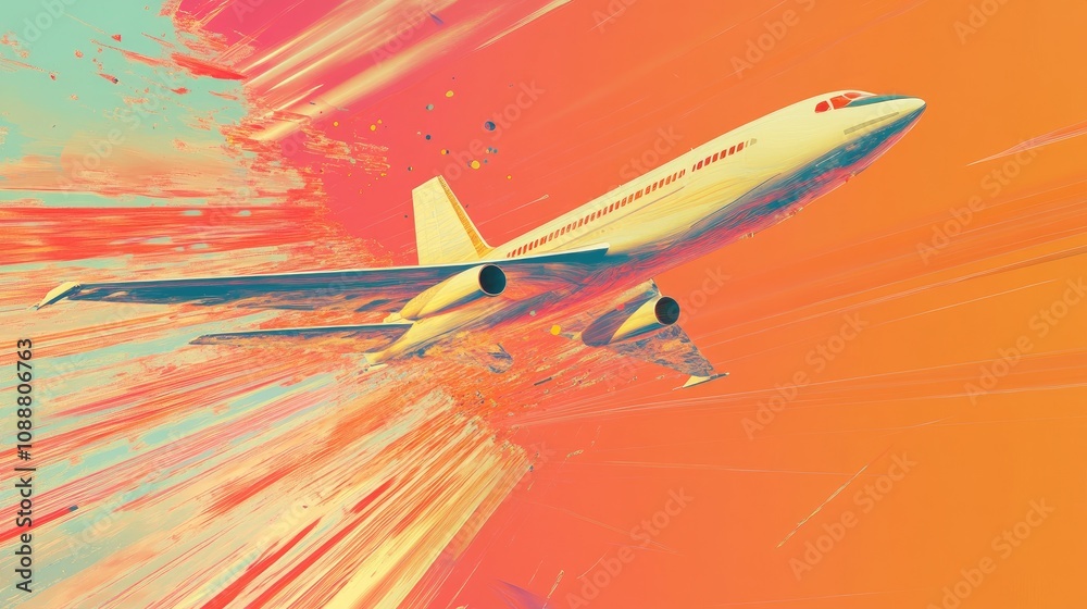 Airplane in vibrant, abstract flight.