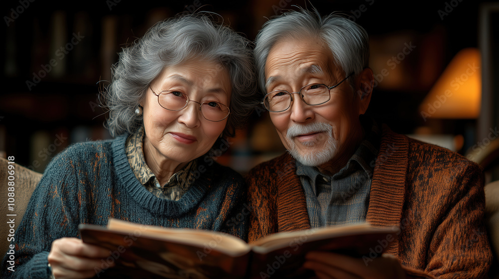 Elderly couple enjoying a cozy moment together while reading a book in a warmly lit living room. Generative AI Elderly couple enjoying a cozy moment together while reading a book in a warmly lit living room. Generative AI