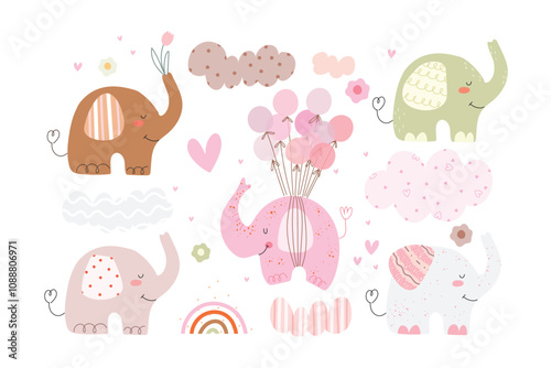 Set witn cute naive elephants, clouds, hearts, flowers and baloons, kids pattern.