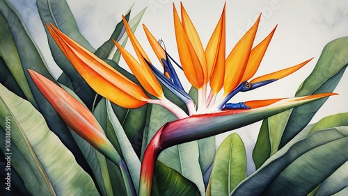 Bird of paradise or Strelitzia Reginae, Watercolor illustration photo