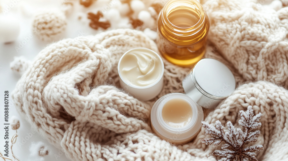 Flat-lay of winter beauty essentials with cozy knitted scarf Flat-lay of winter beauty essentials with cozy knitted scarf