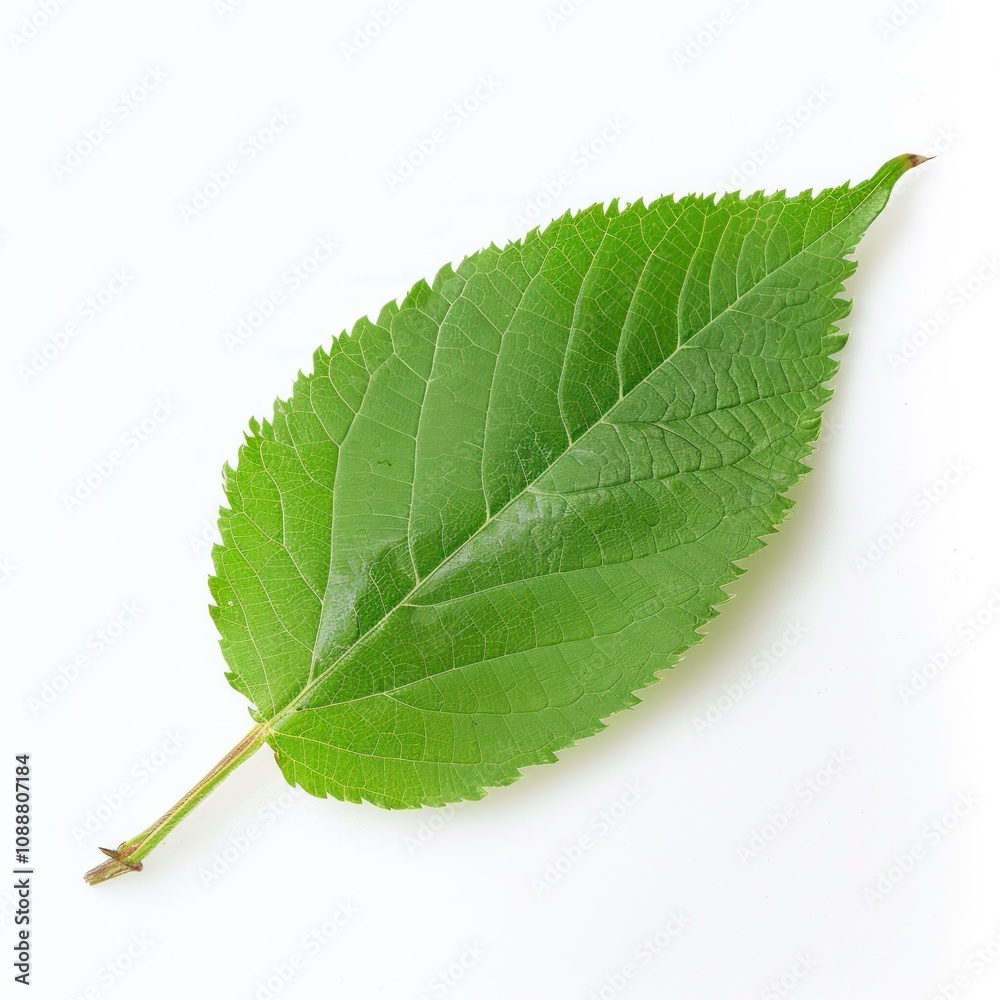 Obraz premium Single Green Leaf on a White Background