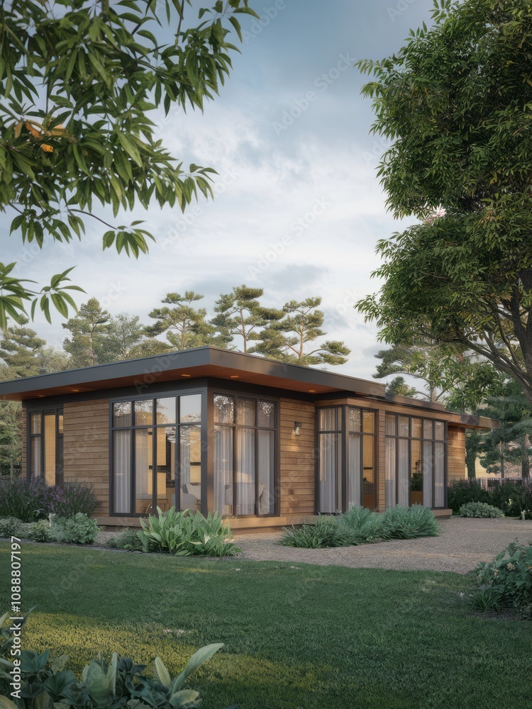 Obraz premium Modern Contemporary Home with Floor-to-Ceiling Windows and Beautiful Landscaping