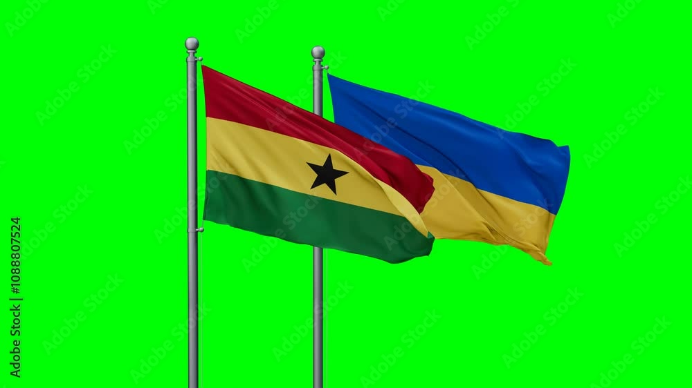 Ukraine and Ghana flags flying together, video concept of the relationship with colored chroma key for easy background remove Ukraine and Ghana flags flying together, video concept of the relationship with colored chroma key for easy background remove