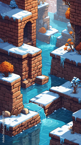 Pixel game level design. Platform game asset, brick, stones building 8 bit environment. Ice theme