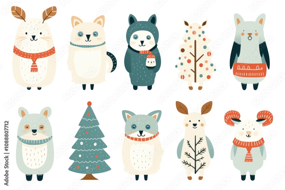 Cute woodland animals in winter hats: festive cartoon forest creatures illustration Cute woodland animals in winter hats: festive cartoon forest creatures illustration