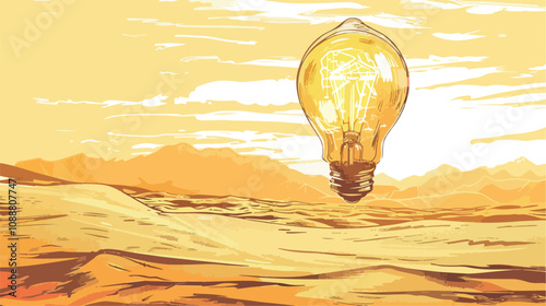 Close-Up of Glowing Light Bulb in Desert Handdrawn Vector Illustration