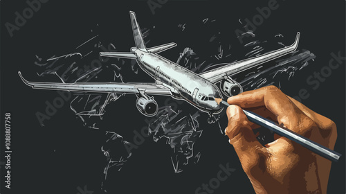 Close-Up of Hand Drawing Airplane on Black Background