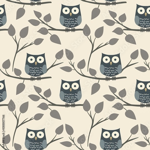 Playful Pattern of Owls Nestled on Branches Surrounded by Leaves, Ideal for Cute, Nature-Inspired Design Projects or Children’s Themes photo