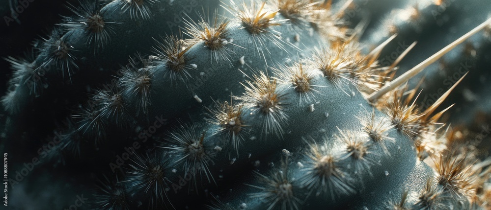 Close-up of cactus texture, sunlit spines and details. Close-up of cactus texture, sunlit spines and details.