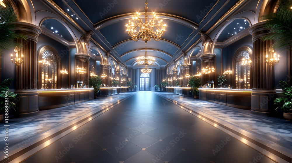 Fototapeta premium 3D illustration of a luxurious casino interior featuring elegant gambling tables, a stylish bar area, and ornate decor. The scene is illuminated by grand chandeliers and intricate lighting fixtures