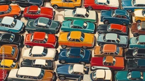 Aerial view of vintage cars parked closely together in a lot.